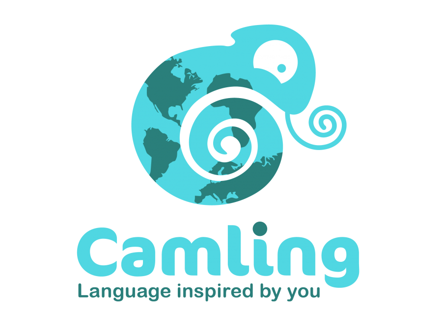 Logo représentant un caméléon bleu avec des tâches de continents