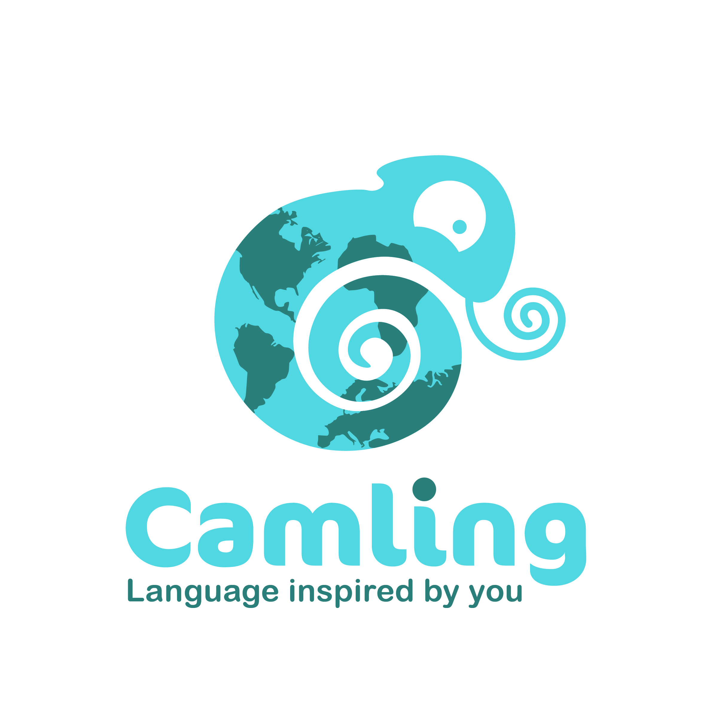 Logo représentant un caméléon bleu avec des tâches de continents