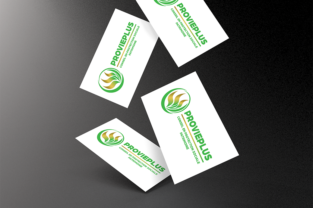 Logo Provieplus représentant des flammes dans un rond vert sur des cartes de visites